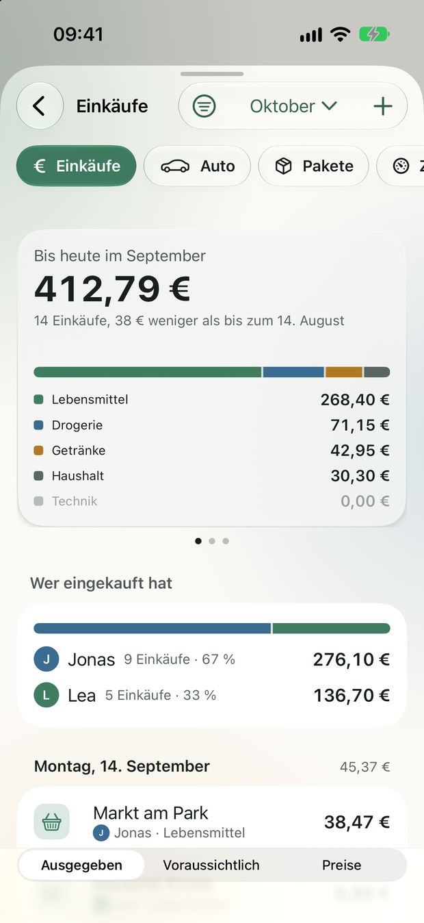 Ausgaben im September: 412,79 Euro, nach Sorten aufgeteilt.