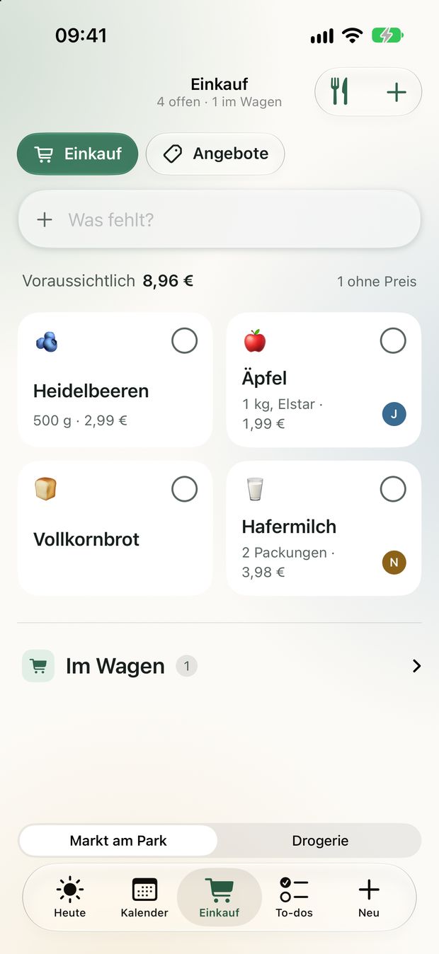 Die Einkaufsliste als Kacheln, mit voraussichtlicher Summe.