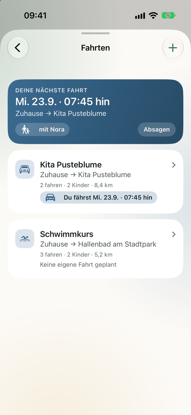 Fahrten: die nächste Fahrt am Mittwoch um 7:45 Uhr zur Kita Pusteblume mit Nora, darunter der Schwimmkurs.