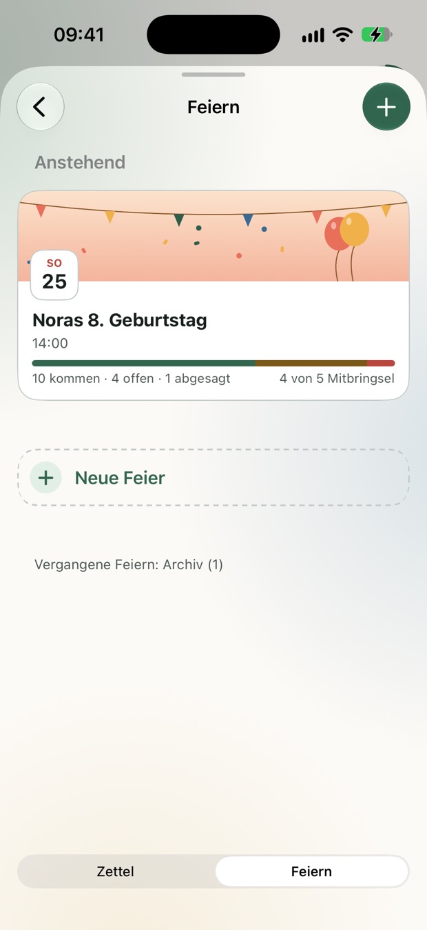 Feiern: Noras 8. Geburtstag am Sonntag um 14 Uhr, 10 kommen, 4 offen, 1 abgesagt, 4 von 5 Mitbringseln.