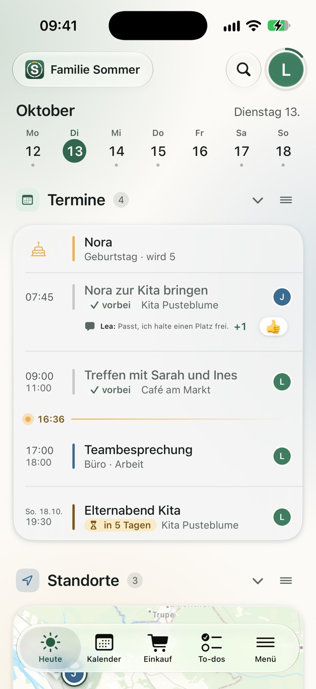 Die Ansicht Heute: ganz oben Noras Geburtstag, sie wird 5, darunter die Termine des Tages.