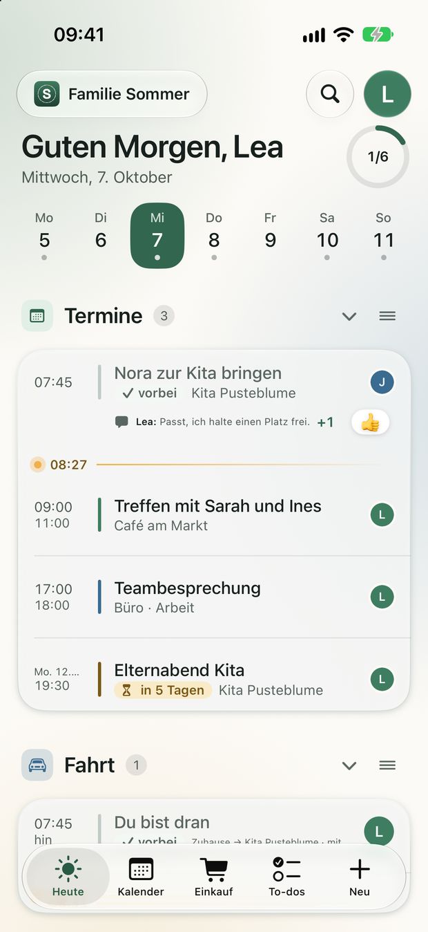 Die Ansicht „Heute“: Guten Morgen, Lea, darunter die Termine des Tages, Fahrten und Aufgaben.