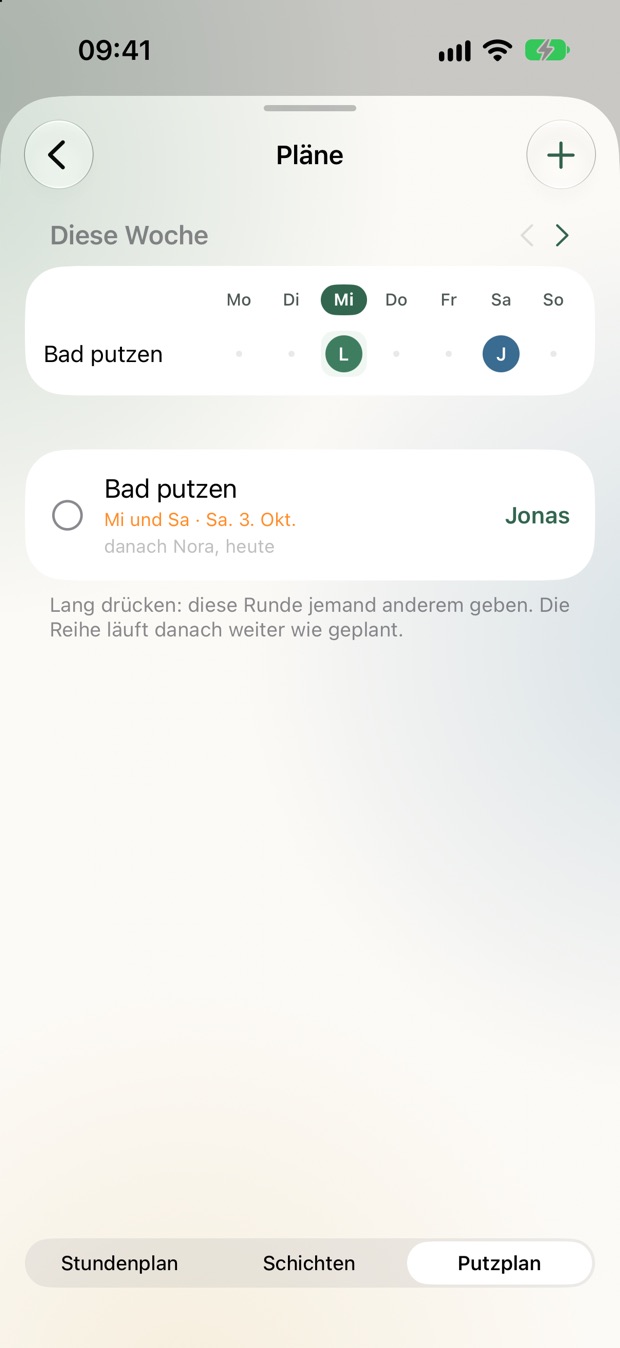 Putzplan dieser Woche: Bad putzen am Mittwoch Lea, am Samstag Jonas, danach Nora.