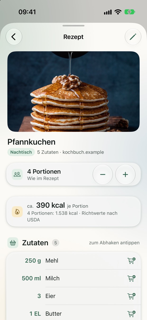 Rezept Pfannkuchen mit Foto, 4 Portionen, rund 390 kcal je Portion und Zutatenliste.