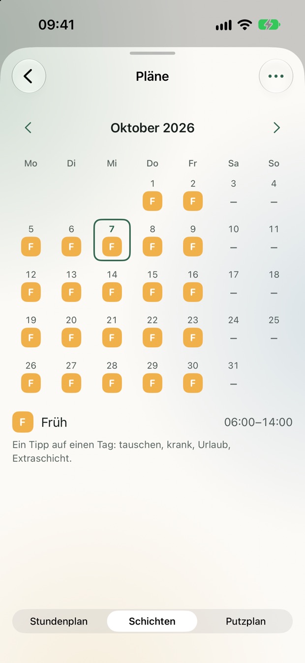 Leas Schichten im Oktober: Montag bis Freitag Frühschicht von 6 bis 14 Uhr, am Wochenende frei.