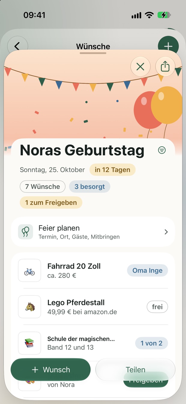 Noras Geburtstagszettel: 7 Wünsche, 3 besorgt; das Fahrrad besorgt Oma Inge, der Pferdestall ist noch frei.